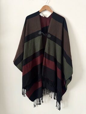 Indigo Soul Striped Fringe Blanket Oversized Wrap Poncho - Free People Inspired